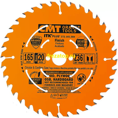 272.165.36H CMT Диск пильный 165x20(+15,87)x1,7/1,1 20° 10° косой зуб + 8° угол заточки Z=36