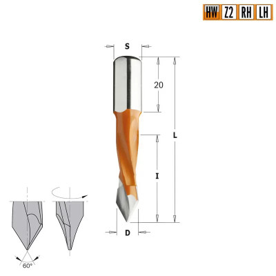 314.100.12 CMT Сверло с твердосплавной напайкой для присадочного станка 10x35x70 Z=2 хвостовик S=10x26 левое вращение