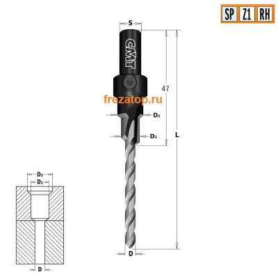 515.050.31 CMT Сверло конфирмат легированная сталь 10,6x93,7 Z=2 хвостовик S=9 правое вращение