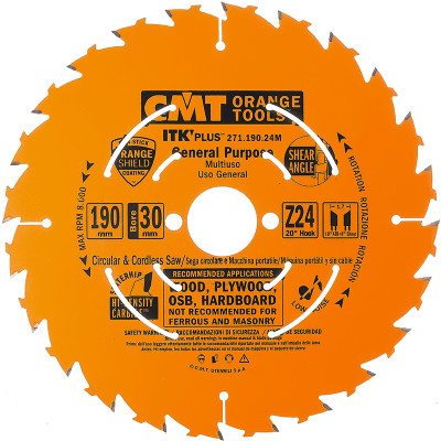 271.190.24M CMT Тонкий пильный диск 190x30(+20+16)x1,7/1,1 Z=24 +20° косой зуб 8°/10°